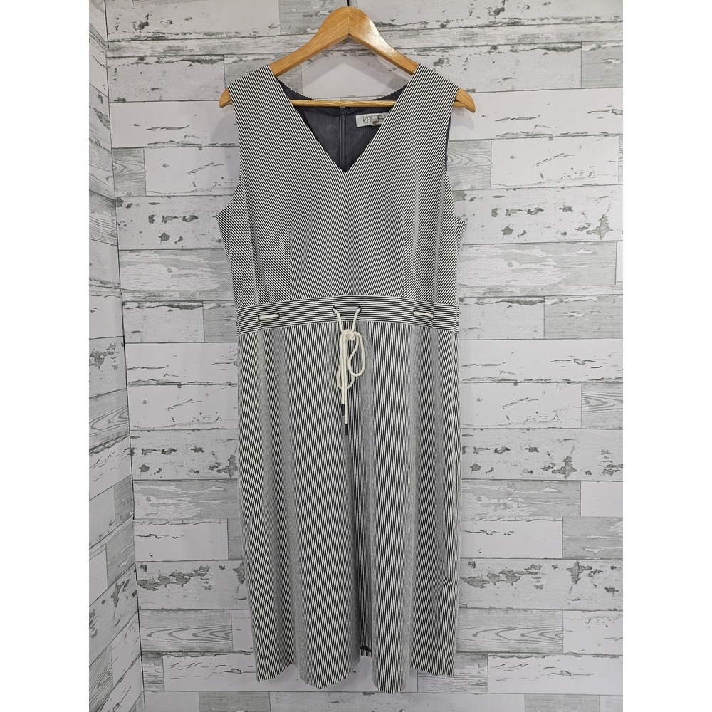 Kasper Womens Navy White Pinstripe V-Neck Sheath Dress Size 14 Drawstring Waist